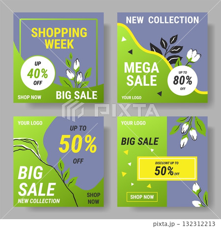 Sale banner. Shopping discount. Online marketing. Store special offer advertising card. Spring flowers. Social media shop voucher. Promotion coupon vector botanical design templates set Sale banner. Shopping discount. Online marketing. Store special offer advertising card. Spring flowers. Social media shop voucher. Promotion coupon vector botanical design templates set 132312213