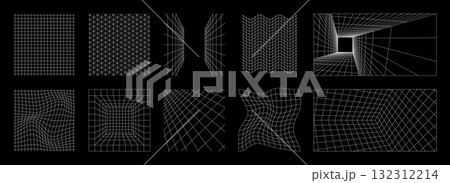 3d grid. Isometric line space. Futuristic wire pattern or mesh shape. Cyberpunk vanishing net elements. Y2k wireframe. Checkered surface. Distorted vortex. Vector cyber backgrounds set 132312214