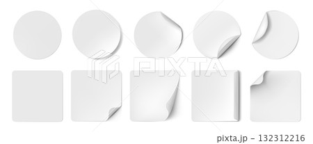 Round stickers set. White square paper label mockup, 3d peel tag or price note badge with shadows. Circular corners. Office stationery sticky reminders. Realistic isolated vector shapes 132312216