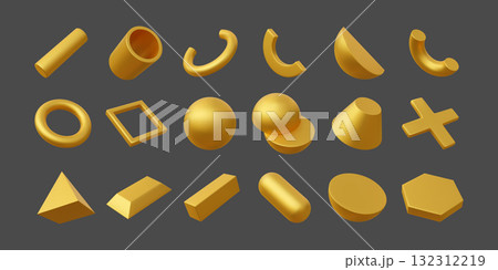 3d gold figures. Golden sphere object, geometry metal triangle, ring and pyramid render elements or abstract volumetric geometric orb ball. CGI gradient cone and cross. Vector isolated set 132312219