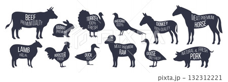 Butchery icons. Domestic animals meat. Vintage black silhouettes of chicken, goat and cow. Butcher livestock factory. Poultry shape. Farming beef and pork. Pig barbecue. Vector logo set Butchery icons. Domestic animals meat. Vintage black silhouettes of chicken, goat and cow. Butcher livestock factory. Poultry shape. Farming beef and pork. Pig barbecue. Vector logo set 132312221