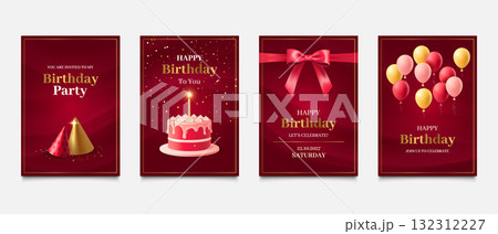 Birthday card. Happy luxury invite. Elegant anniversary party template with gift, cake and gold ribbon bow. Holiday celebration. Balloons and confetti. Vector festive red banners set Birthday card. Happy luxury invite. Elegant anniversary party template with gift, cake and gold ribbon bow. Holiday celebration. Balloons and confetti. Vector festive red banners set 132312227
