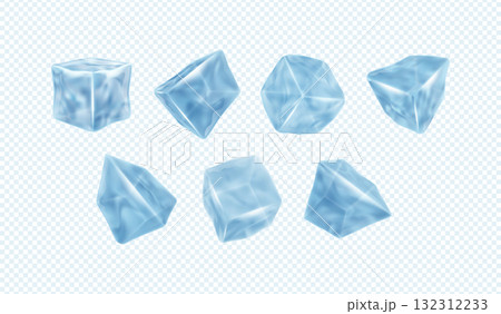 3d ice. Crystal cube piece, transparent splash block or white frozen water square for drink and cocktail, cold blue frost shapes different side view. Realistic isolated elements. Vector icons 132312233