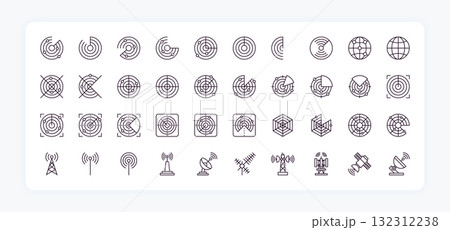 Radar icons. Range military circle scan. Sonar satellite detection. Scanner signal. GPS navigation. Antenna transmitter. Target crosshair. Radio locator detection. Vector line symbols set 132312238