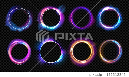Magic shine. Light portal ring effect. 3D neon fiber glow sphere. Galaxy gradient lightning. Space optical frame. Illuminated vortex sparks. Vector luminous futuristic round borders set Magic shine. Light portal ring effect. 3D neon fiber glow sphere. Galaxy gradient lightning. Space optical frame. Illuminated vortex sparks. Vector luminous futuristic round borders set 132312243