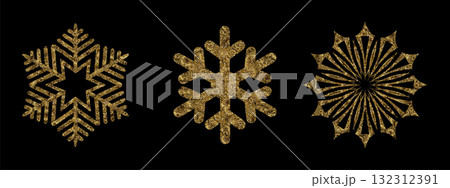 Merry Christmas 2026. Exquisite golden snowflakes made of sparkling tinsel 132312391