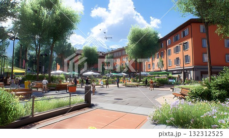 Picturesque European Town Square with Mountain Backdrop and Flyi Picturesque European Town Square with Mountain Backdrop and Flyi 132312525