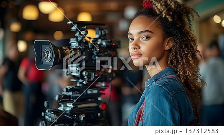 Young Woman with Curly Hair Posing Beside Professional Camera in 132312583