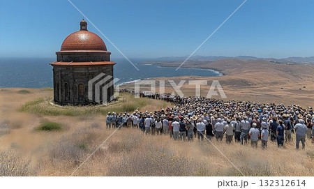 Large Crowd Walks Towards Coastal Landmark Under Bright Sunny Sk 132312614