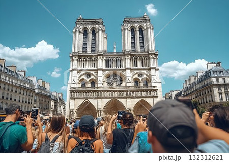 Notre Dame Cathedral Viewed from a Crowd of Tourists on a Sunny Notre Dame Cathedral Viewed from a Crowd of Tourists on a Sunny 132312621