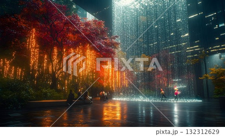 Illuminated Autumn Trees Under Nighttime Rain Shower Illuminated Autumn Trees Under Nighttime Rain Shower 132312629
