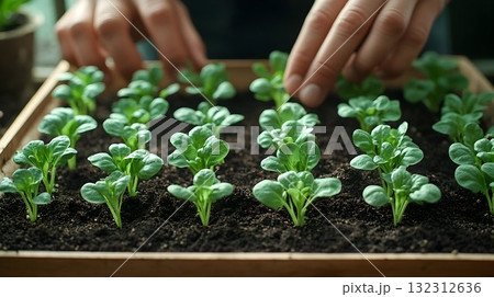 Tender hands tending to rows of vibrant green seedlings in rich, Tender hands tending to rows of vibrant green seedlings in rich, 132312636