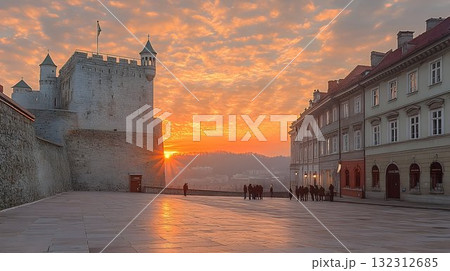 Ljubljana Castle Square at Sunrise: Golden Light and Gathering C Ljubljana Castle Square at Sunrise: Golden Light and Gathering C 132312685