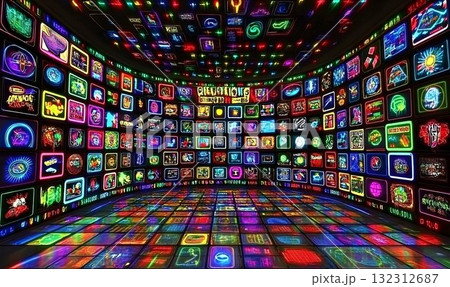 Neon Dreams: A Retro-Futuristic Arcade of Glowing Screens and Re 132312687