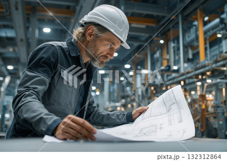 Manufacturing engineer reviews blueprints in factory setting with detailed focus on design elements 132312864