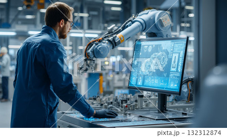 Industrial engineer reviews robotic technology in a modern manufacturing facility 132312874