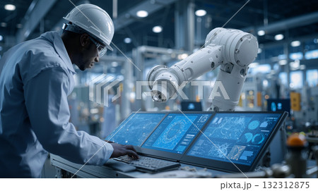 Industrial engineer monitors robotic system in advanced manufacturing facility during daytime 132312875