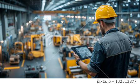 Industrial engineer conducts machinery inspection in a large manufacturing facility with modern equipment 132312877