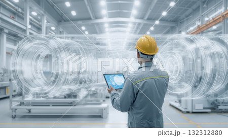 Industrial engineer inspects machinery using digital tools in a modern manufacturing facility 132312880