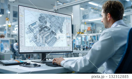 Industrial engineer analyzes design details in a modern manufacturing facility during a project review session 132312885