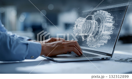 Engineer uses laptop to design mechanical systems in modern workspace during daylight hours 132312899