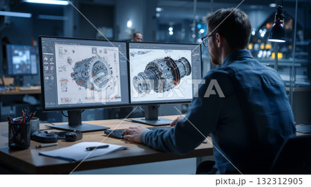 Engineer works on dual monitors to modify designs in a modern workspace during evening hours 132312905