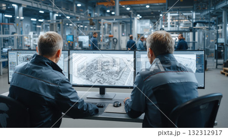 Engineer team discusses model during project meeting in modern workspace 132312917