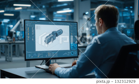 Engineer operates CAD design software in a modern workspace focusing on detailed technical models 132312929