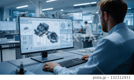 Engineer focuses on CAD design of a mechanical component in a modern workspace 132312931