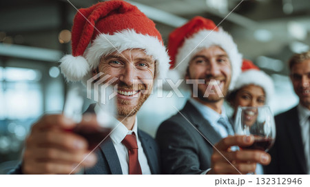 Business professionals celebrate the holiday season wearing Santa hats and toasting in a modern office setting Business professionals celebrate the holiday season wearing Santa hats and toasting in a modern office setting 132312946