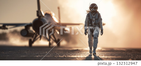 Confident air force pilot walks towards fighter jet during sunset at military airbase Confident air force pilot walks towards fighter jet during sunset at military airbase 132312947