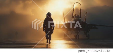 Confident air force pilot walks towards jet at sunset in a military airbase Confident air force pilot walks towards jet at sunset in a military airbase 132312948