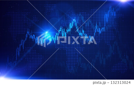 Abstract background with Forex charts, neon lights, glow effect, lens flare, rays, and a world map. 132313024