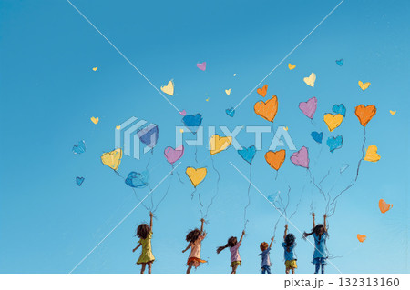 Colorful heart-shaped balloons released by children in blue sky during joyful outdoor celebration 132313160