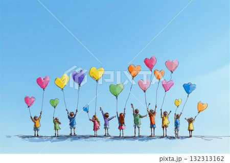 Colorful heart-shaped balloons released into the blue sky by children during a joyful outdoor celebration 132313162
