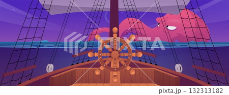 Sail wooden boat bridge helm with giant octopus monster with tentacles view, vector cartoon pirate ship sailing in sea 132313182