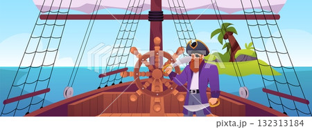 Sail boat bridge, helm with pirate captain on island in sea view, vector cartoon wooden vessel ship deck, steering wheel Sail boat bridge, helm with pirate captain on island in sea view, vector cartoon wooden vessel ship deck, steering wheel 132313184
