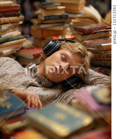 Young student relaxes on a pile of books with headphones while studying in a cozy library setting 132313261