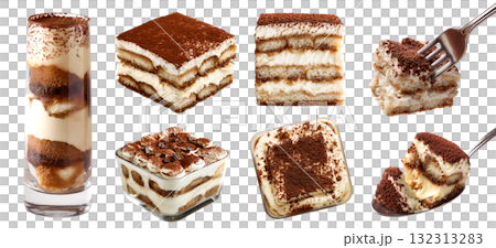 Set of Italian classic traditional Tiramisu, no-bake dessert cake pastry, on transparent cutout PNG. Many different angles, stack, broken, slice, pile, fork, glass jar. Mockup template for artwork 132313283