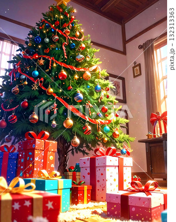 Cozy home interior with a beautifully decorated Christmas tree and a large pile of colorful gifts. Magical holiday celebration scene. Digital illustration. Cozy home interior with a beautifully decorated Christmas tree and a large pile of colorful gifts. Magical holiday celebration scene. Digital illustration. 132313363