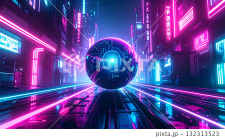 Symmetrical AI Core Sphere Suspended in Liquid Metal. AI themed Background. Generated Image 132313523