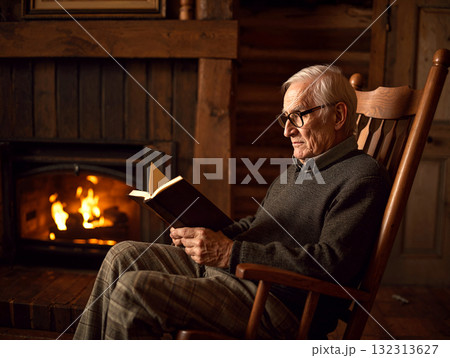 Cozy evening scene: An elderly man reading a book in a wooden rocking chair by a warm, burning fireplace. Rustic home interior. 132313627