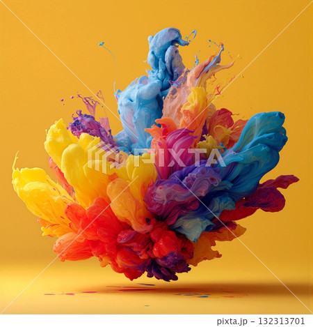 Vibrant explosion of rainbow-colored paint creating a stunning visual display against a bright yellow backdrop 132313701