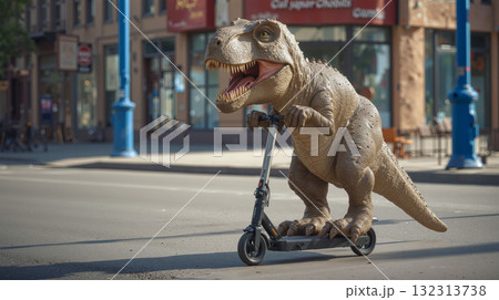 Dinosaur joyfully rides an electric scooter through a lively city street on a sunny day 132313738