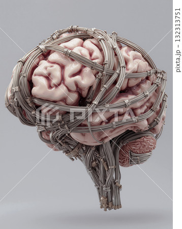 Human brain intertwined with wire cables represents the complexity of thought and technology in modern times Human brain intertwined with wire cables represents the complexity of thought and technology in modern times 132313751