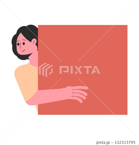 Woman Character Peeking Out Shape and Looking Vector Illustration 132313795