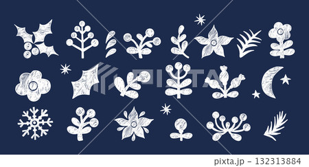 Crayon Flower set. White chalk hand-drawn botanical Floral elements on dark blue background. Isolated Folk Christmas poinsettia, holly and Berries, Branches. Textured vector Drawing doodles. Not AI Crayon Flower set. White chalk hand-drawn botanical Floral elements on dark blue background. Isolated Folk Christmas poinsettia, holly and Berries, Branches. Textured vector Drawing doodles. Not AI 132313884