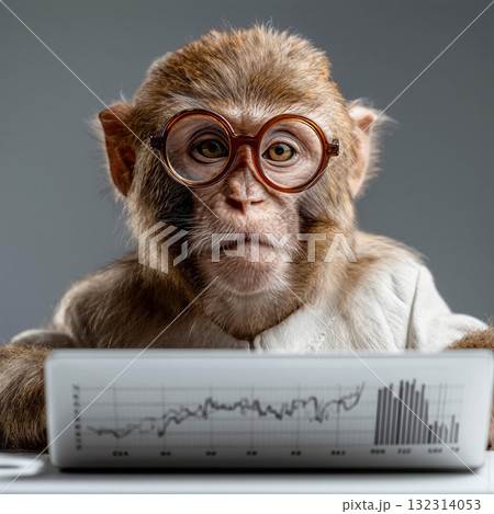Monkey with glasses studies financial data and trends during an analytical session Monkey with glasses studies financial data and trends during an analytical session 132314053