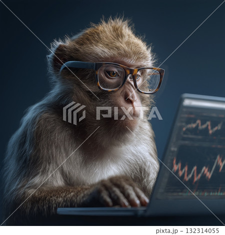 Monkey wearing glasses studies financial trends on a laptop from a modern workspace environment Monkey wearing glasses studies financial trends on a laptop from a modern workspace environment 132314055