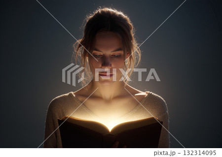 Woman holding a glowing bible in a dark setting, radiating divine light during a reflective moment 132314095